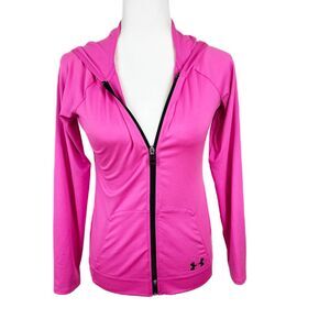 Under Armour Sweater Youth Large Pink Fitted Hoodie Zip Up Heat Gear Activewear